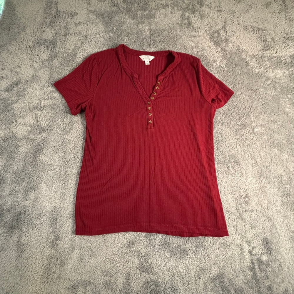 Market & Spruce Womens XL Burgundy Red Ribbed Short Sleeve Henley V-Neck Top
